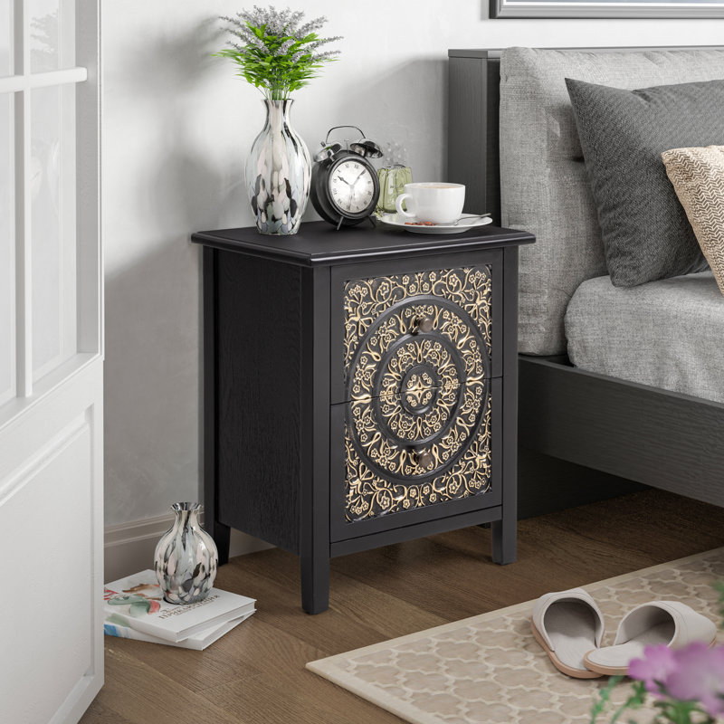 Levera Farmhouse Fully-Assembled 2-Drawer Nightstand, Distressed End Table,  Black & Gold